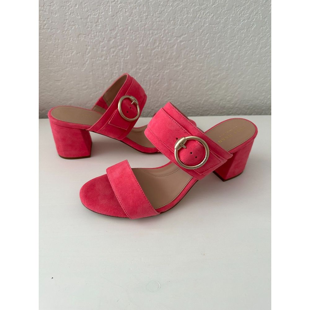 Cole Haan Pink Suede Block Heel Mules with Gold Buckles